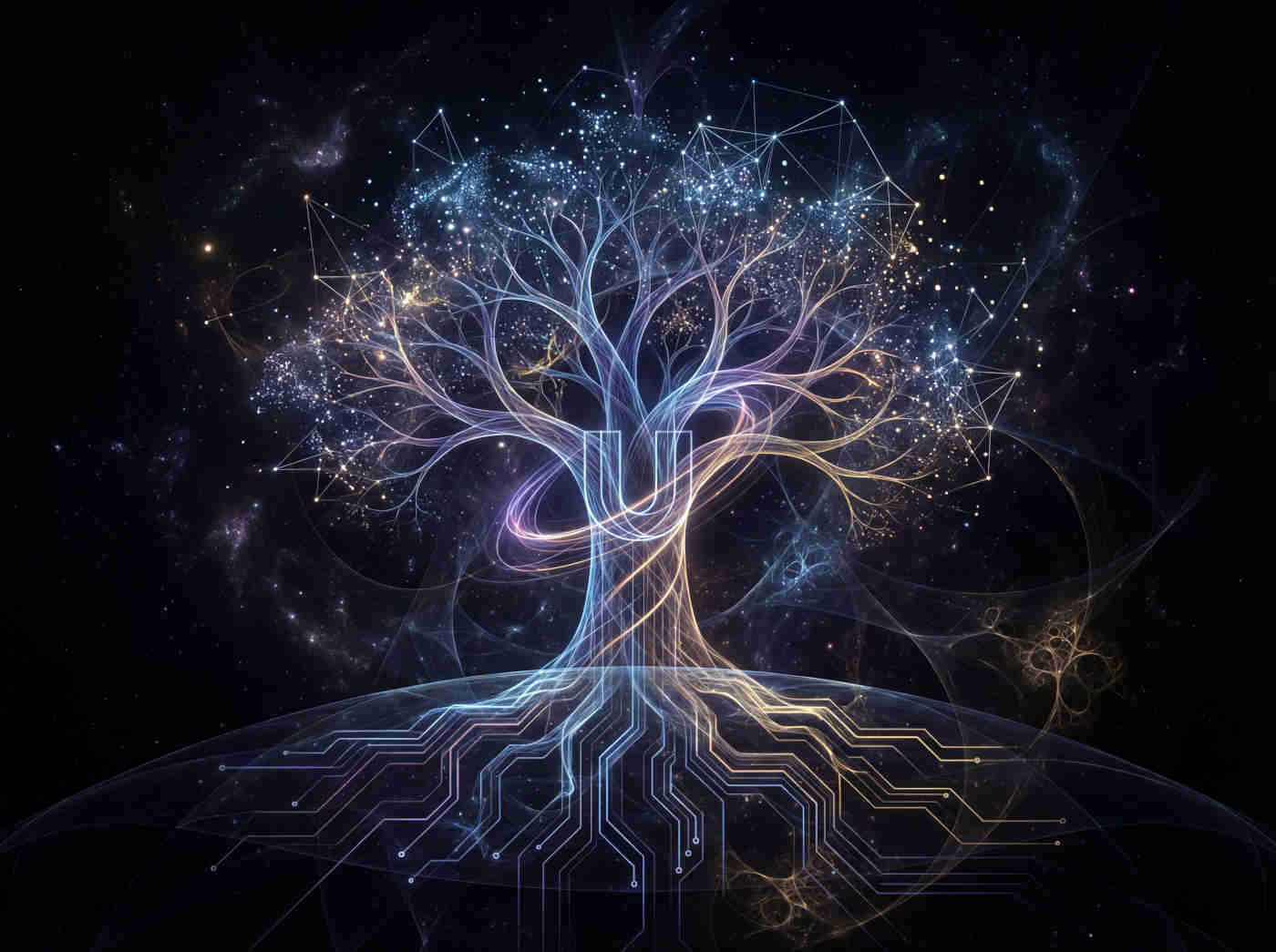 A glowing, intricate network node (like a neuron) made of fiber optics, connecting to a biological root system.